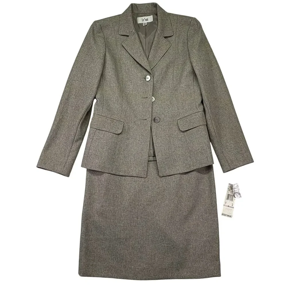 Le Suit Skirt Suit - Blazer Jacket & Skirt Brown Tweed NWT Size 6